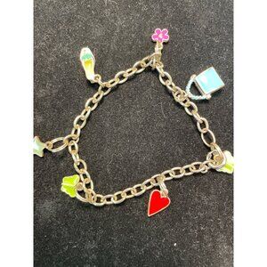 Handmade Faux Silver Charms Bracelet-Heart-Butterfly-Flower-Star-Purse w/Clasp